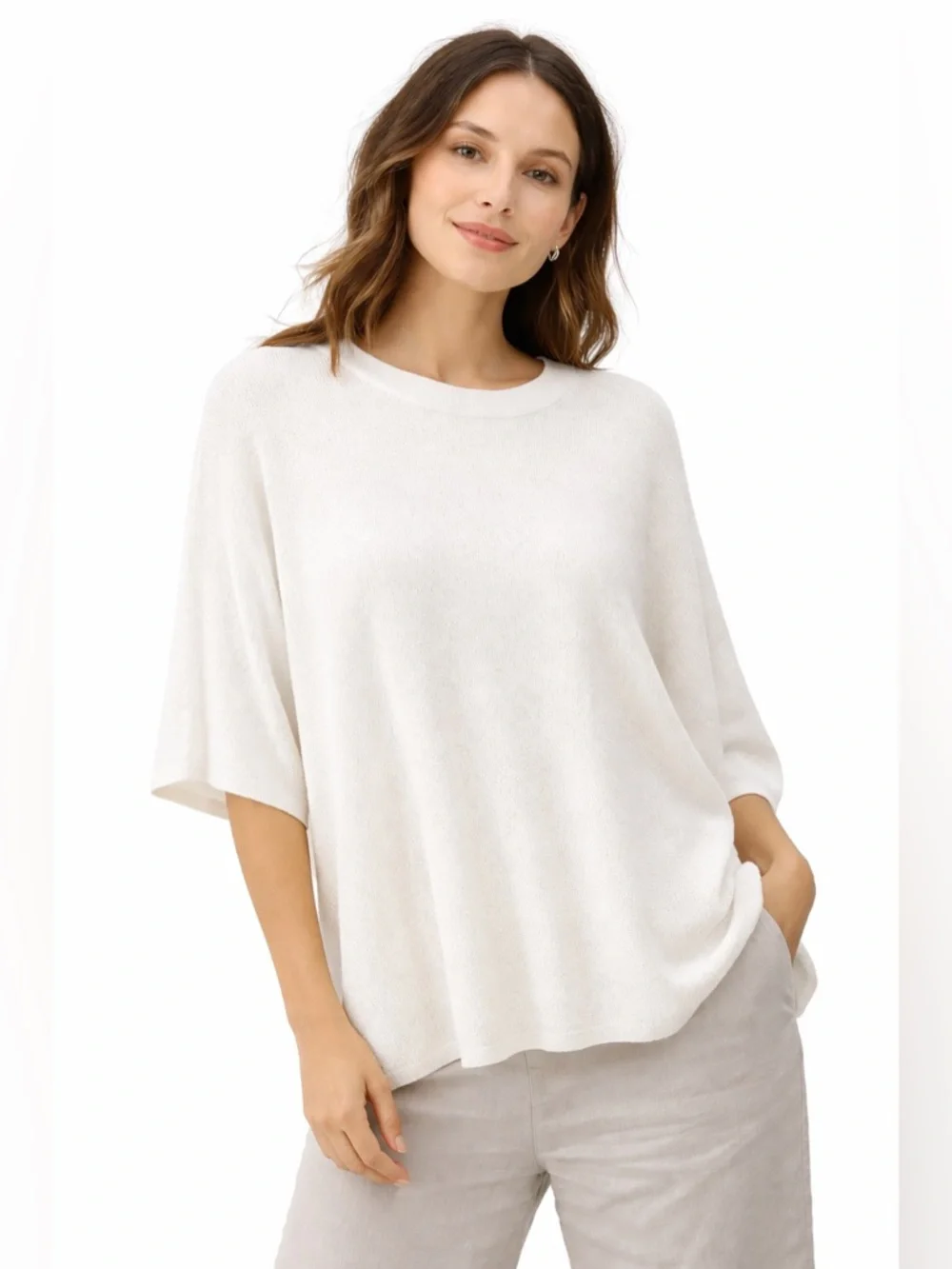 Eileen Fisher Organic Linen Boxy Knit Top Ivory S/M
